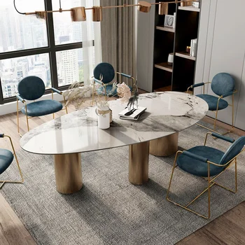 Сочетание итальянского яркого овального сланцевого обеденного стола и стула для большой семьи, Современный минималистичный Светлый кухонный стол роскошной виллы