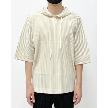 Толстовки с короткими рукавами в складку Miyake, мужская уличная одежда, Лето 2023, Новая повседневная футболка в корейском стиле, Тонкие Свободные пуловеры с капюшоном, топы