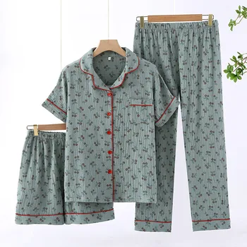 Хлопчатобумажный Марлевый женский Пижамный комплект из 3 предметов, Мягкие пижамы, Летние Шорты для отдыха, рукава, Короткие плавки и широкие брюки, костюм для отдыха