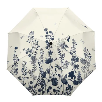 Цветы, листва, Стрекозы, Винтажный Автоматический Зонт, Складной зонт для путешествий, Переносные Ветрозащитные зонты