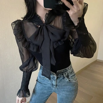 Черная шифоновая рубашка, Весенне-летняя модная блузка 2023, воротник-бабочка, длинный рукав, Однотонная Элегантная Корейская одежда для женщин