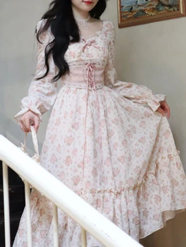 Элегантная Женская повязка с кружевным принтом, Французское винтажное платье, Розовый Цветочный Корейский Сладкий сарафан с пышными рукавами, платье принцессы Каваи Феи