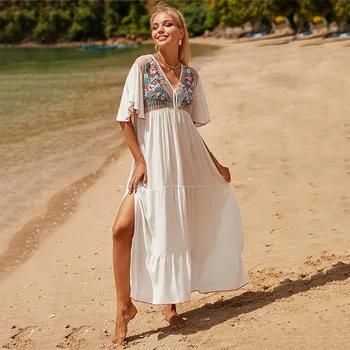 Элегантная пляжная блузка в стиле бохо с вышивкой из вискозы в стиле ретро, сексуальное праздничное платье, пляжная блузка с солнцезащитным кремом, пляжные комбинезоны для женщин