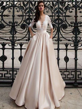 Элегантные атласные свадебные платья с карманами, Vestidos Noiva, кружевные платья с короткими рукавами, свадебные платья длиной до пола, платье невесты цвета Шампанского